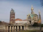 Darmstadt, Darmstadt-Ost, Mathildenhöhe, Russische Kapelle, Wasserlilienbecken, Hochzeitsturm, Austellungsgebäude